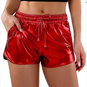 Amazon Red Metallic Shiny Mid Rise Shorts w/ Elastic Drawstring - Size L